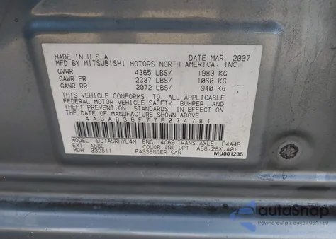 2007 Mitsubishi Galant Es/Se из США, поврежденный, VIN 4A3AB36F77E074781